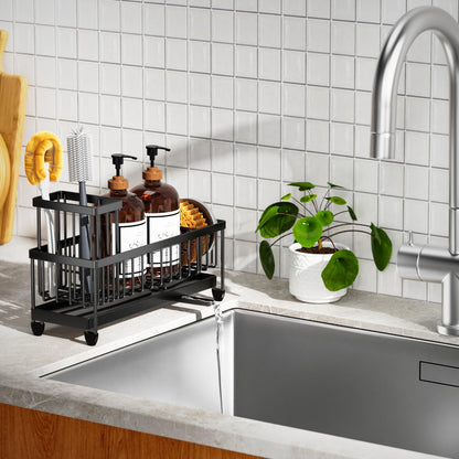 Extra Large Black Sponge Holder for Kitchen Sink, Sink Caddy Organizer with High Brush Holder, Kitchen Countertop Organizers and Storage Essentials, Rustproof 304 Stainless Steel