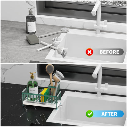 Sponge Holder for Kitchen Sink, Sink Caddy Organizer with High Brush Holder, Countertop Organizers and Storage Rustproof 304 Stainless Steel, Dark Green Kitchen Decor and Accessories