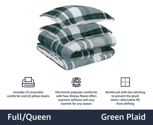 Ultra-Soft Micromink Sherpa 3 Piece Comforter Bed Set, Full/Queen, Green Plaid
