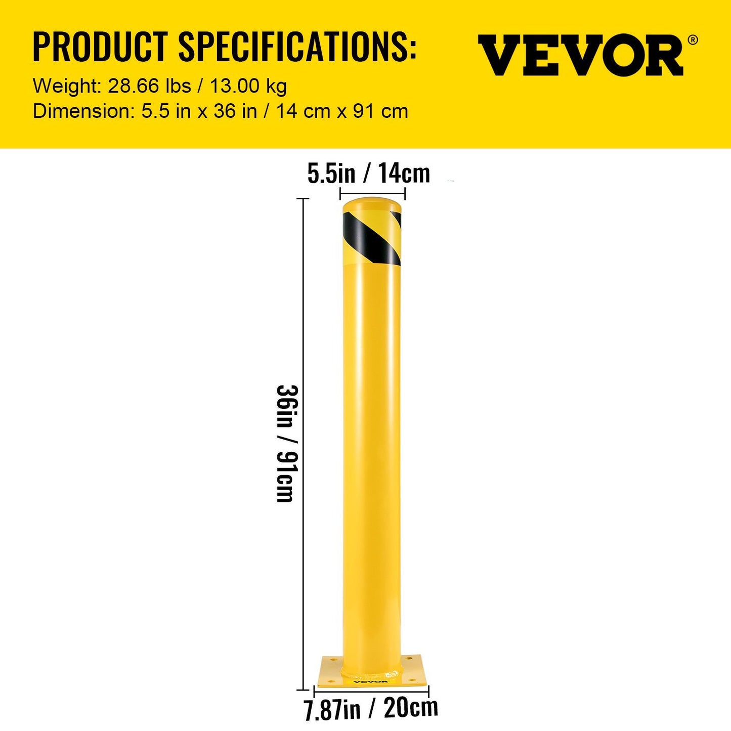 VEVOR Safety Bollard, 36 Inch Height Bollard Post, 5.5 Inch Diameter Steel Pipe Safety Bollard Post, Yellow Steel Bollard, Steel Safety Bollard With 8 Anchor Bolts, Perfect For Traffic-Sensitive Area