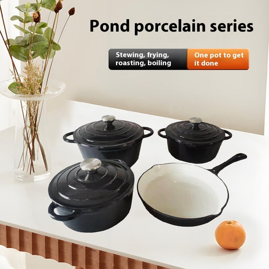Inner White Enameled Cast-iron Cookware Household Enamel Soup Deep Stew Casserole Four-piece Set