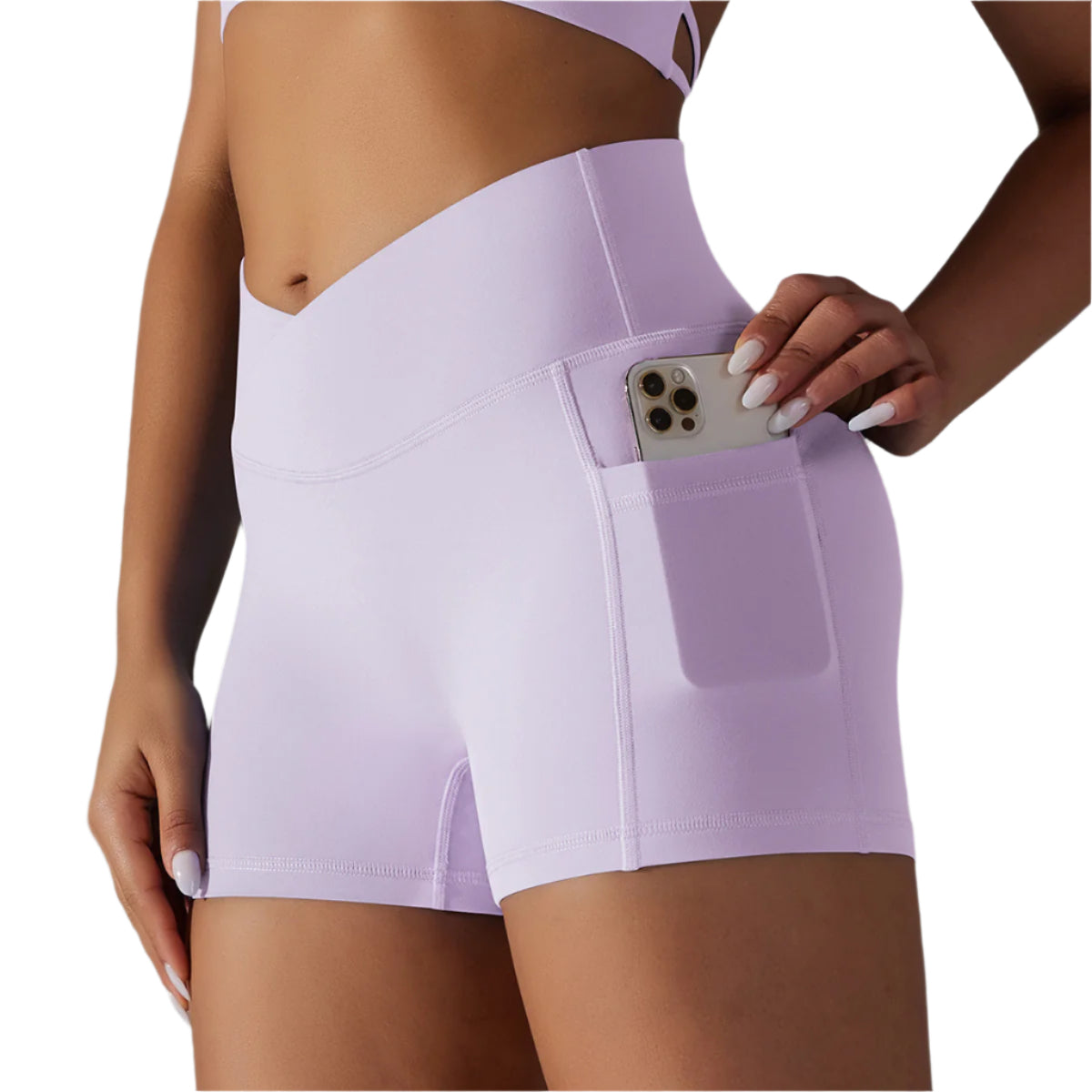 A collage of images displaying yoga shorts with a phone pocket in various solid colors worn by a model.