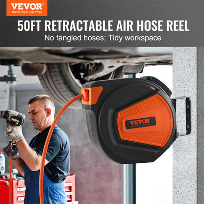VEVOR Retractable Air Hose Reel, 3 8 IN X 50 FT Hybrid Air Hose Max 300PSI, Air Compressor Hose Reel With 5 Ft Lead In, Ceiling  Wall Mount Enclosed Air Reel, 180 Swivel Mount