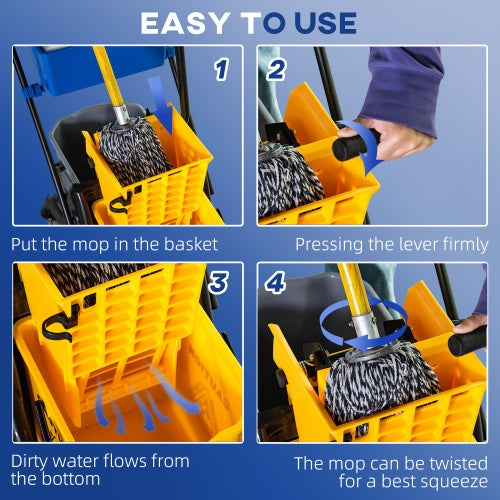 HOMECOM 6.9 Gallon Mop Bucket Swivel Arm Cart With Easy-to-use Side Pressure Swivel Arm Smooth Wheels And Mop Handle Bracket