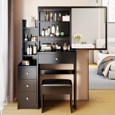 Cabinet Vanity Table  Cushioned Stool, Extra Large Right Sliding Mirror, Multi Layer High Capacity Storage, Practical Fashionable Dresser, Suitable For Small Space