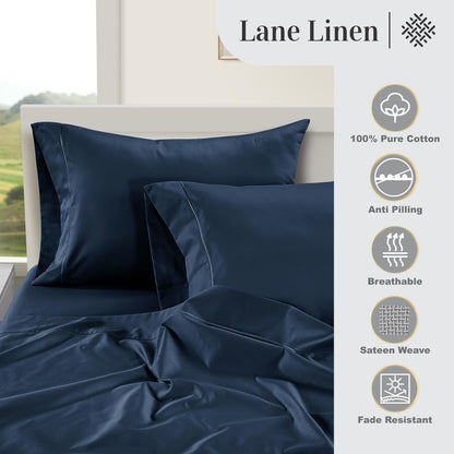 LANE LINEN 100% Egyptian Cotton Queen Sheet Set, 16 inch Deep Pocket Fully Elasticized French Reinforced Pocket Seams for Soft, Comfy & Fresh Bed Eco Friendly Cooling Sheets Queen -Estate Blue
