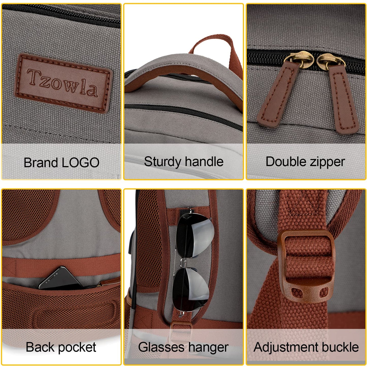 Tzowla Canvas Laptop Backpack, Bag for Men Women,Travel Work Rucksack Fits 15.6 Inch Laptop,Bookbag with USB Charging Port-Khaki