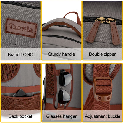 Tzowla Canvas Laptop Backpack Men,Bag for Women,School Travel College Work Rucksack Fits 15.6 Inch Laptop,Bookbag with USB Charging Port