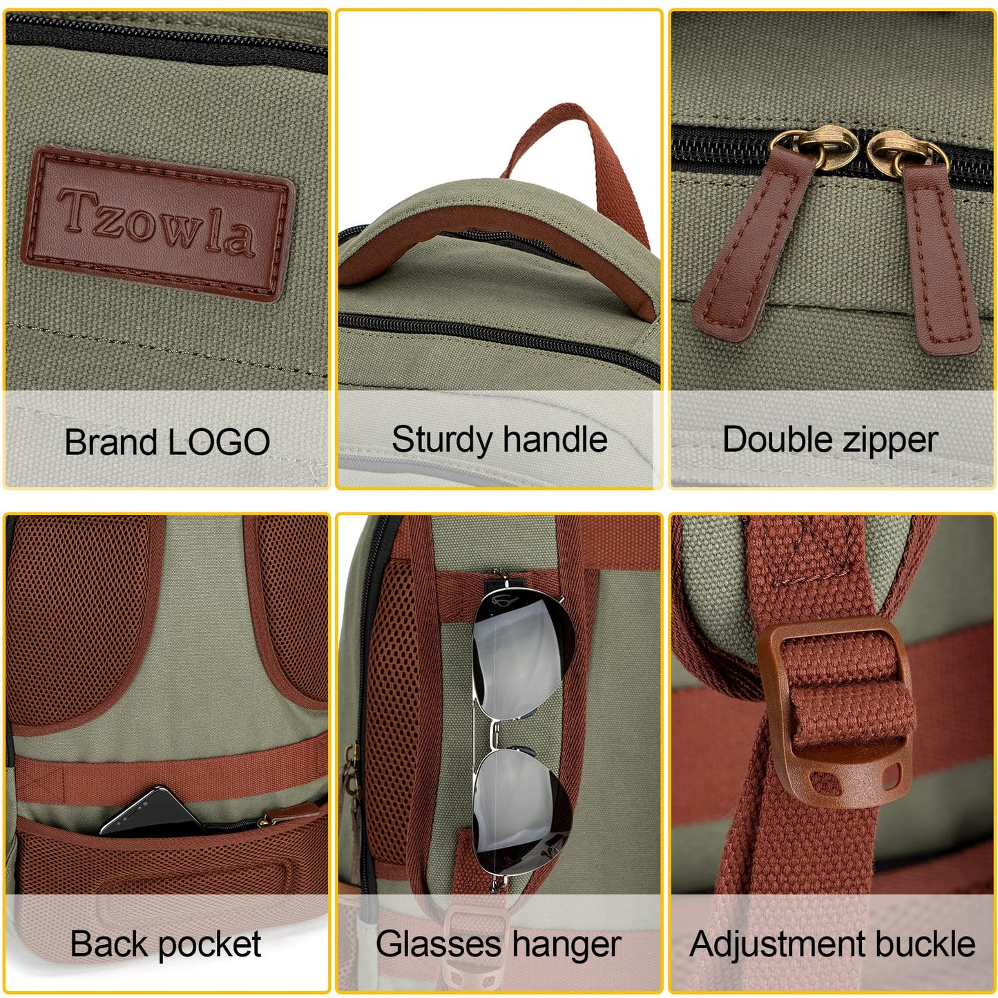 Tzowla Canvas Laptop Backpack Men,Bag for Women,School Travel College Work Rucksack Fits 15.6 Inch Laptop,Bookbag with USB Charging Port,Green