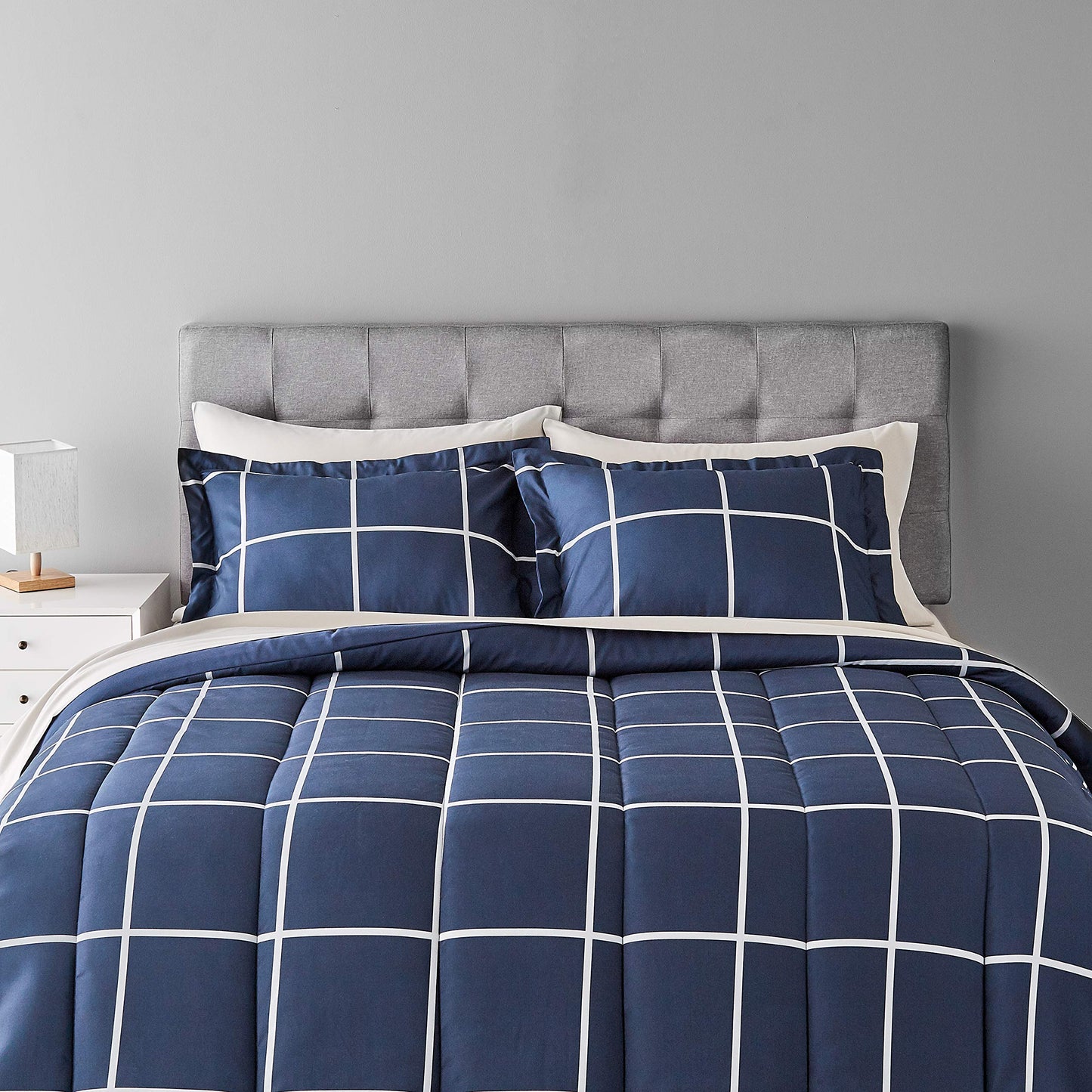 7-Piece Lightweight Microfiber Bed-in-a-Bag Comforter Bedding Set - King, Navy with Simple Plaid