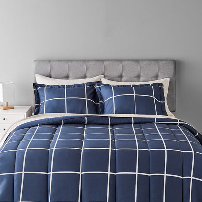 7-Piece Lightweight Microfiber Bed-in-a-Bag Comforter Bedding Set - King, Navy with Simple Plaid