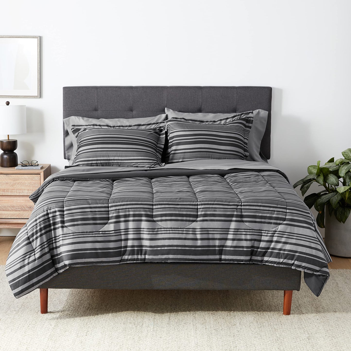 7-Piece Lightweight Microfiber Bed-in-a-Bag Comforter Bedding Set - Full/Queen, Gray Calvin Stripe