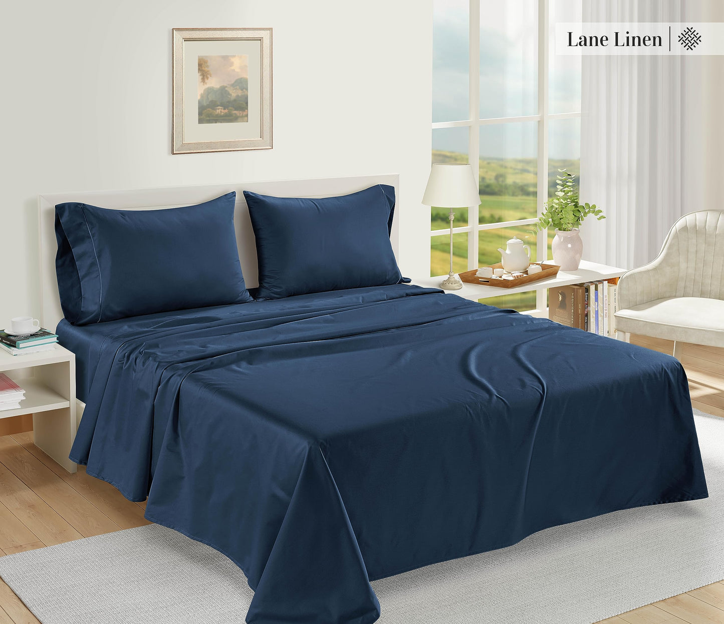 LANE LINEN 100% Egyptian Cotton Bed Sheets King Size – Long Staple Mercerized Cotton, Luxury Hotel-Quality, 15" Deep Pocket King Sheet Set with Reinforced French Seams – Estate Blue