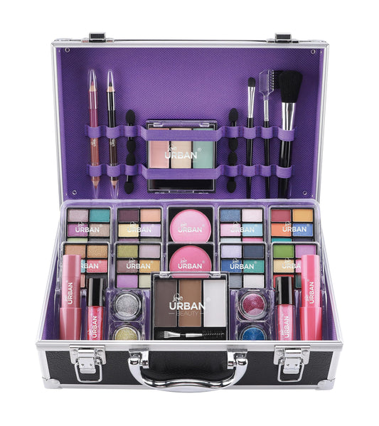 Love Urban Beauty Bliss Makeup Case Vegan Products – Complete Suitcase Eyeshadow, Blusher, Lipstick, Eyebrow Wax & Powder, Brushes Aluminum-Framed Organizer, Black, 1.0 count