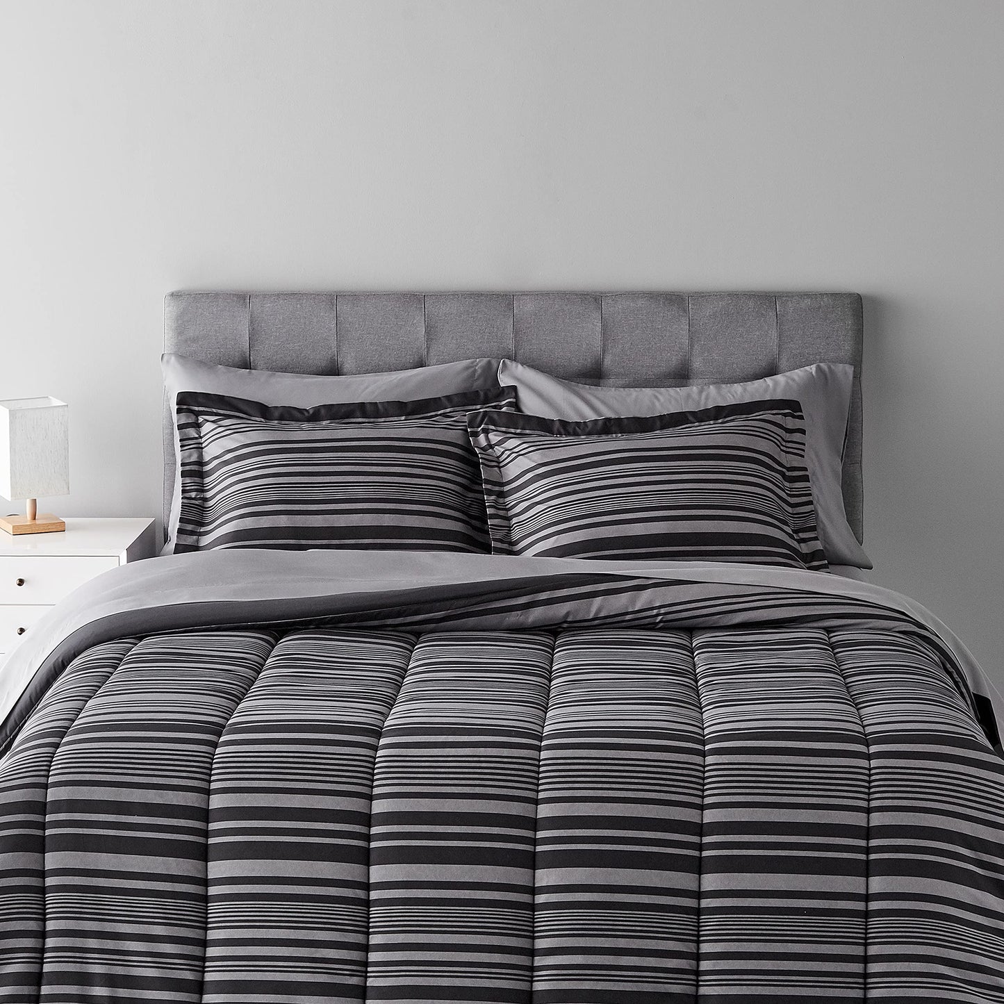 7-Piece Lightweight Microfiber Bed-in-a-Bag Comforter Bedding Set - Full/Queen, Gray Calvin Stripe