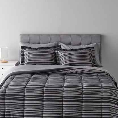 7-Piece Lightweight Microfiber Bed-in-a-Bag Comforter Bedding Set - Full/Queen, Gray Calvin Stripe
