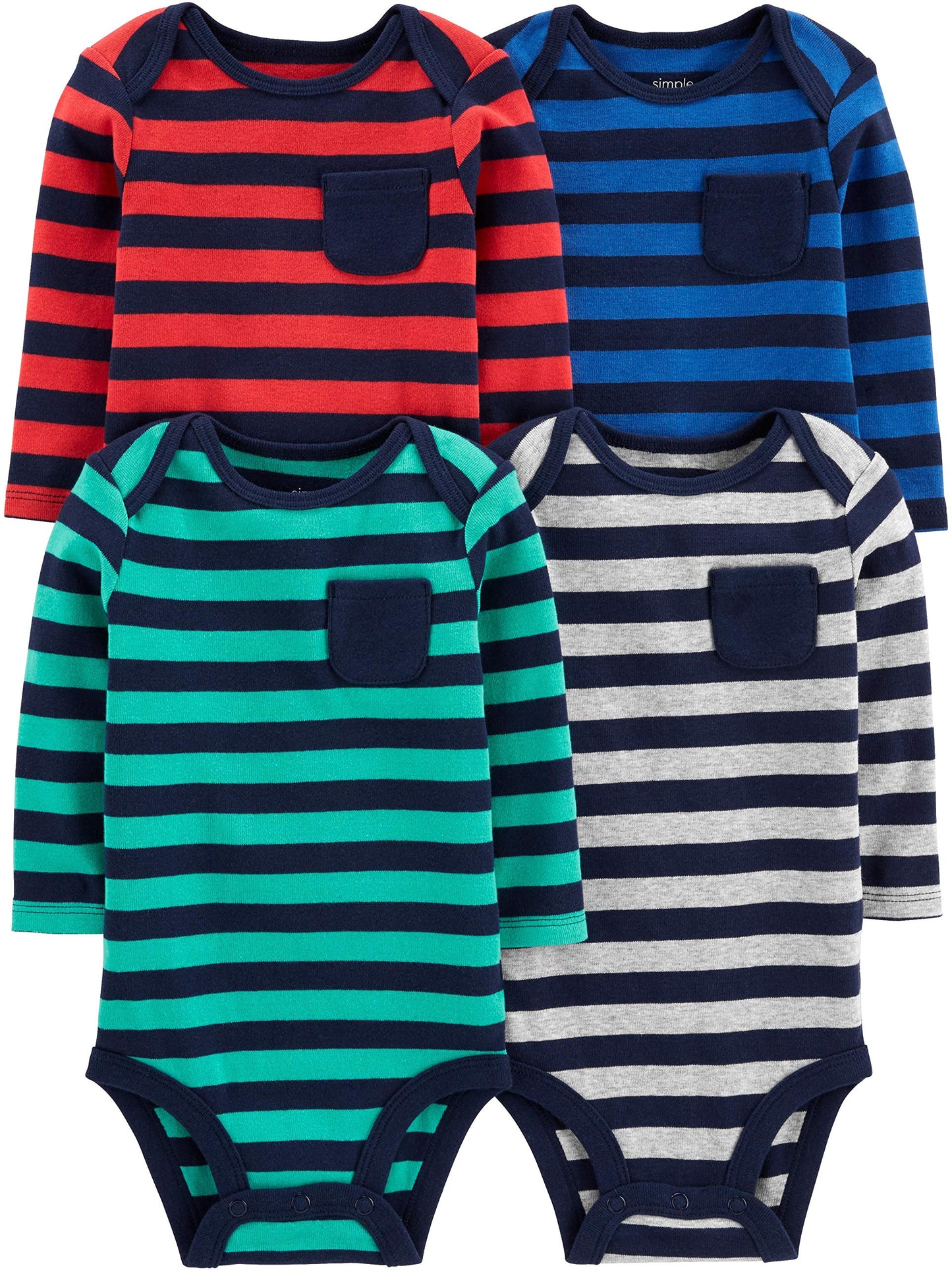 Simple Joys by Carter's Boys' 4-Pack Soft Thermal Long Sleeve Bodysuits, stripes, 3-6 Months