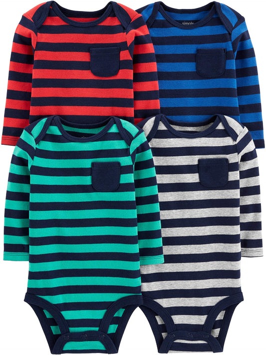 Simple Joys by Carter's Boys' 4-Pack Soft Thermal Long Sleeve Bodysuits, stripes, 3-6 Months