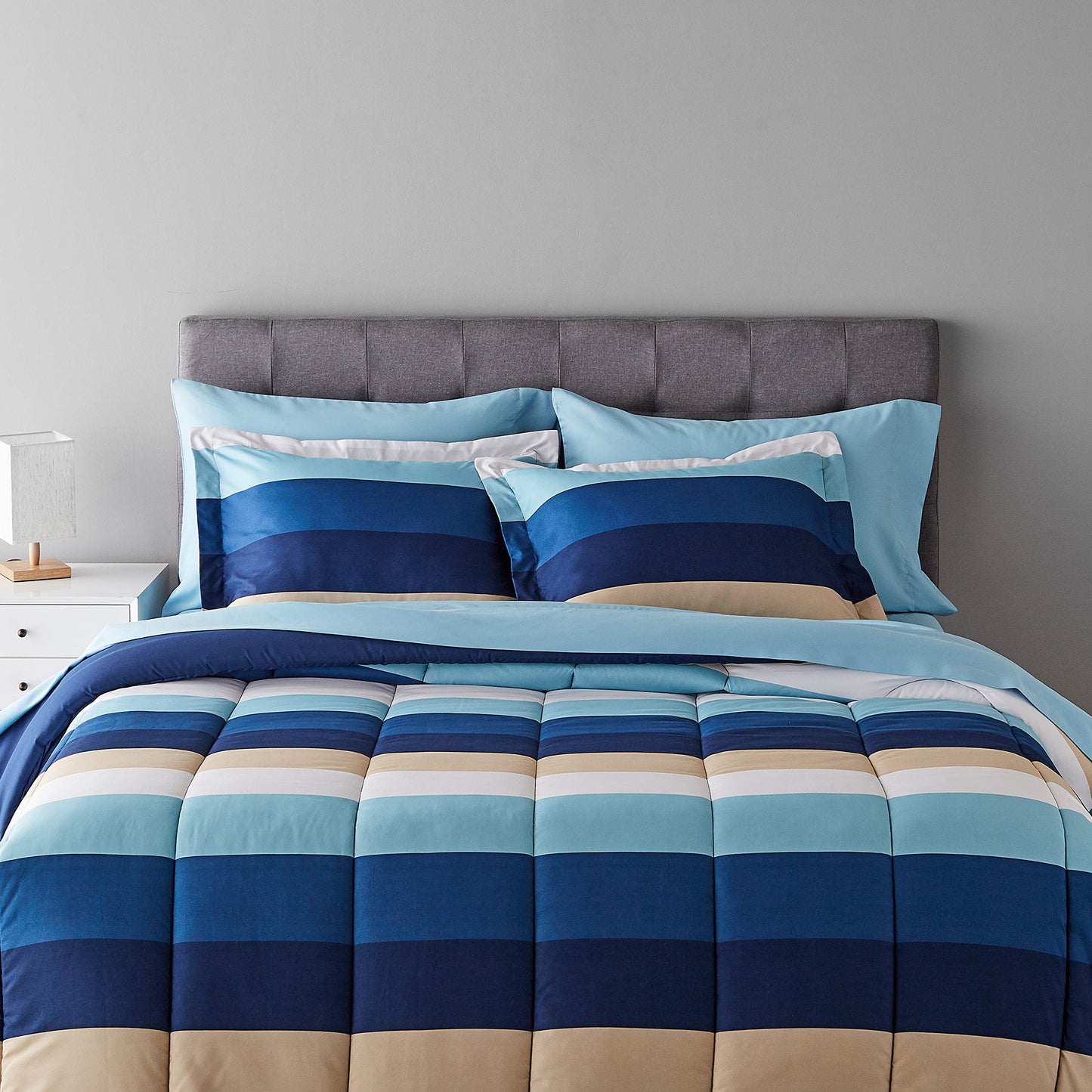 7-Piece Lightweight Microfiber Bed-in-a-Bag Comforter Bedding Set - King, Blue Stripe