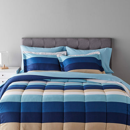 7-Piece Lightweight Microfiber Bed-in-a-Bag Comforter Bedding Set - King, Blue Stripe