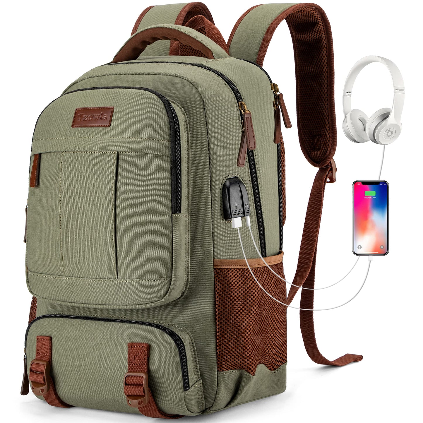 Tzowla Canvas Laptop Backpack Men,Bag for Women,School Travel College Work Rucksack Fits 15.6 Inch Laptop,Bookbag with USB Charging Port,Green