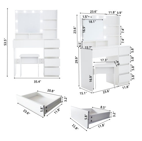 Makeup Vanity Desk Set With Mirror & Light, Dressing Table Storage Lots With Power Strip, 3 Lighting Modes With Adjustable Brightness, 37 Inches White With Stool