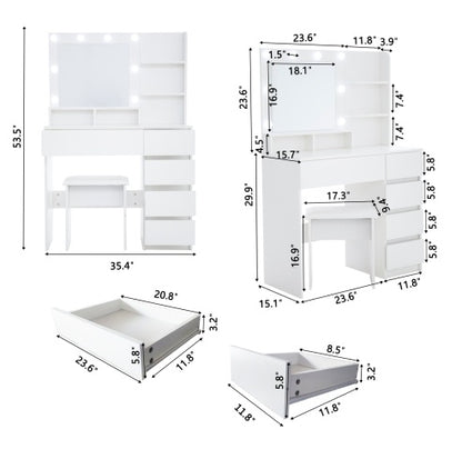 Makeup Vanity Desk Set With Mirror & Light, Dressing Table Storage Lots With Power Strip, 3 Lighting Modes With Adjustable Brightness, 37 Inches White With Stool