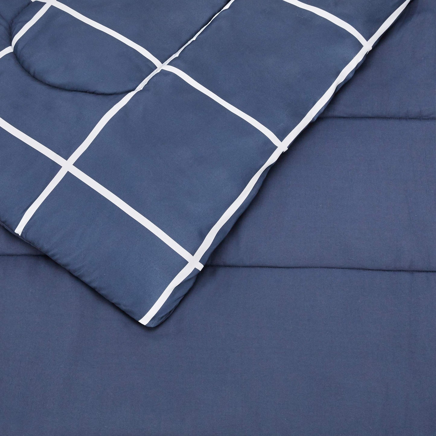 7-Piece Lightweight Microfiber Bed-in-a-Bag Comforter Bedding Set - King, Navy with Simple Plaid