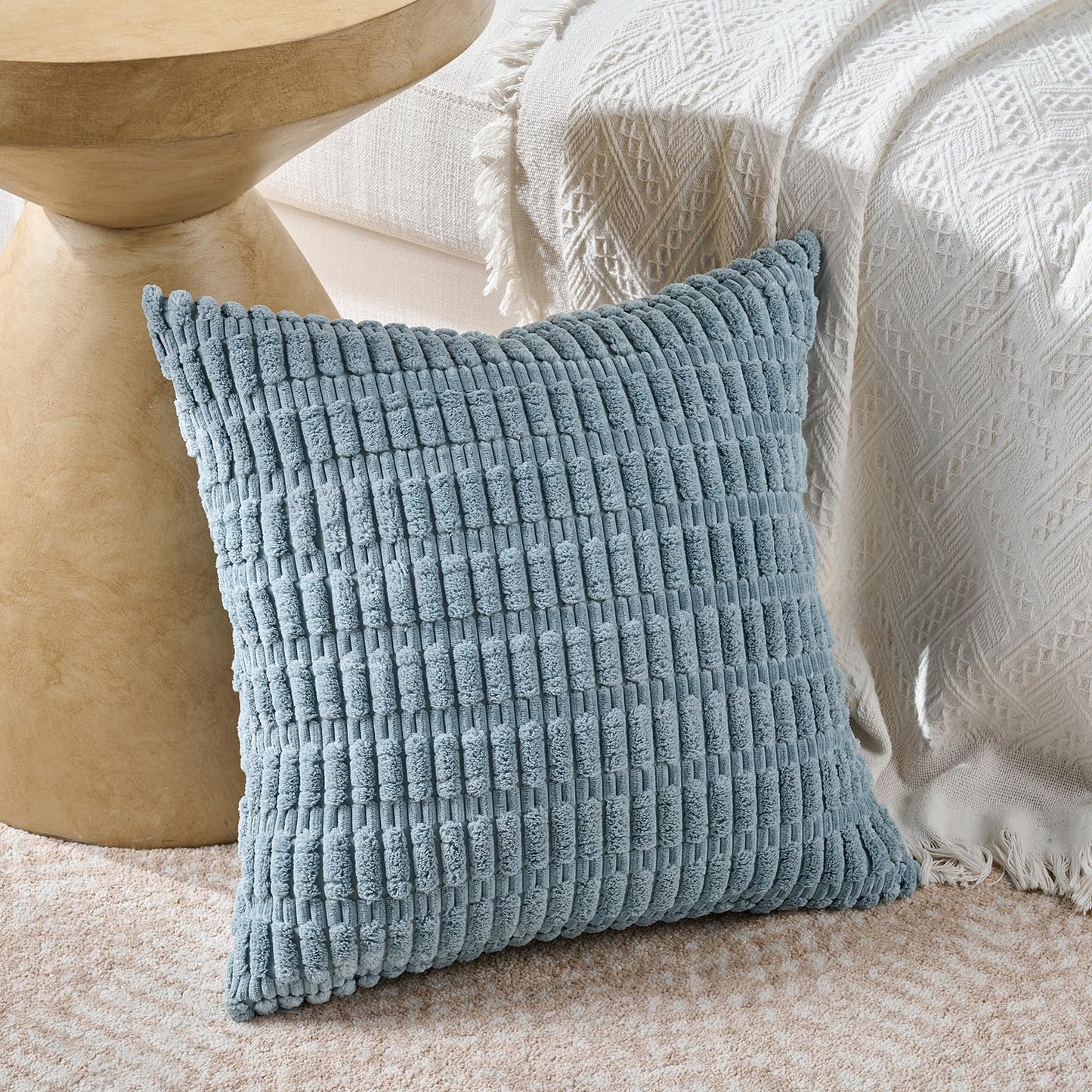 Fancy Homi Set of 4 Blue Decorative Throw Pillow Covers 18x18 Inch for Couch Bed Chair, Modern Farmhouse Boho Room Decor, Soft Fuzzy Corduroy Textured Striped Coastal Blue Cushion Case 45cm