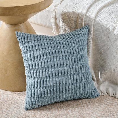 Fancy Homi Set of 4 Blue Decorative Throw Pillow Covers 18x18 Inch for Couch Bed Chair, Modern Farmhouse Boho Room Decor, Soft Fuzzy Corduroy Textured Striped Coastal Blue Cushion Case 45cm