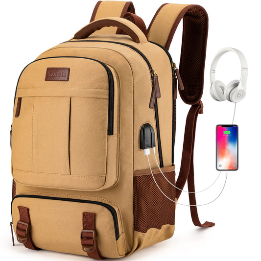 Tzowla Canvas Laptop Backpack, Bag for Men Women,Travel Work Rucksack Fits 15.6 Inch Laptop,Bookbag with USB Charging Port-Yellow