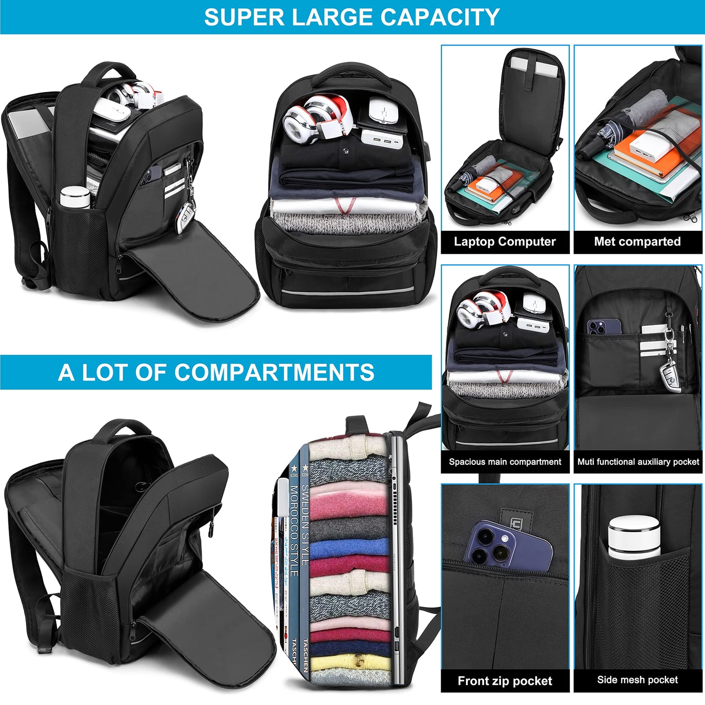 Backpack, Laptop Backpack, Carry on Backpack, Durable Large 17.3 Inch TSA Friendly Business Travel Laptop Backpack with USB Port, College School Bag Gift for Men Women Teens Bookbag, Black