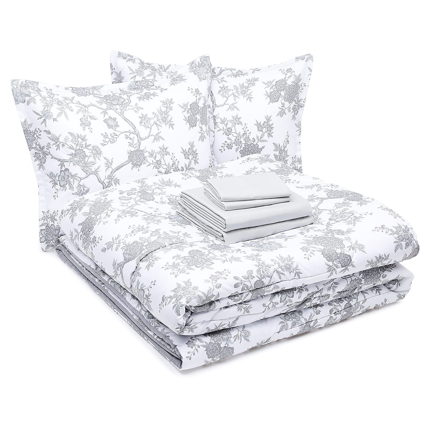 8-Piece Ultra-Soft Microfiber Bed-In-A-Bag Comforter Bedding Set - King, Grey Chinoiserie