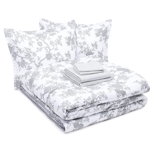 8-Piece Ultra-Soft Microfiber Bed-In-A-Bag Comforter Bedding Set - King, Grey Chinoiserie
