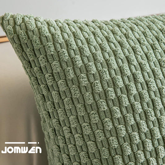 2 Packs Throw Pillow Covers Corduroy, Decorative Lumbar Pillow Covers, JOMWEN Super Soft Boho Striped Cushion Covers for Couch Bed Sofa Livingroom (Sage Green, 45 x 45 cm)