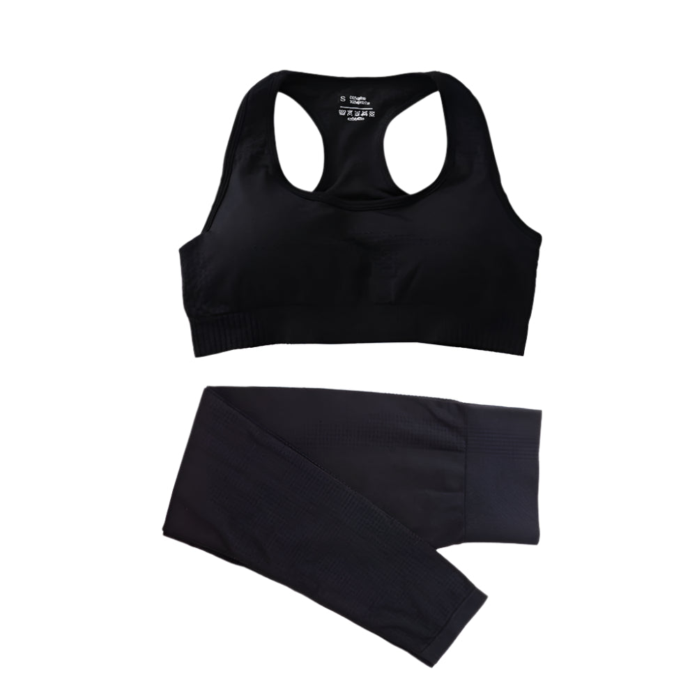 A collection of women's yoga clothing including a crop top and high-waisted leggings in various solid colors and patterns, displayed in multiple colors with size options.
