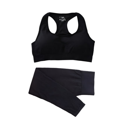A collection of women's yoga clothing including a crop top and high-waisted leggings in various solid colors and patterns, displayed in multiple colors with size options.