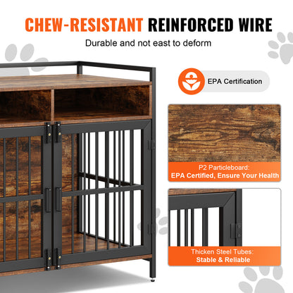 VEVOR Furniture Style Dog Crate With Storage, 41 Inch Dog Crate Furniture Large Breed With Double Doors, Wooden Dog Cage For Large Medium Dog Indoor, Hold Up To 70 Lbs, Rustic Brown