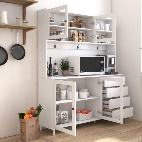 Large Kitchen Hutch Cabinet, Freestanding Pantry Cabinets Storage Kitchen Cupboard With 4 Doors, 4 Drawers & Microwave Shelf, White