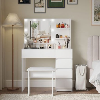 Makeup Vanity Desk Set With Mirror & Light, Dressing Table Storage Lots With Power Strip, 3 Lighting Modes With Adjustable Brightness, 37 Inches White With Stool