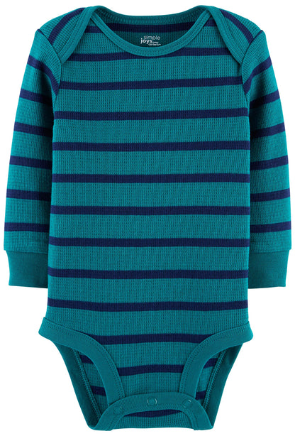 Simple Joys by Carter's Boys' 4-Pack Soft Thermal Long Sleeve Bodysuits, Grey Heather/Blue Heather/Stripes, 3-6 Months