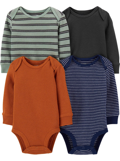 Simple Joys by Carter's Baby Boys' 4-Pack Long-Sleeve Thermal Bodysuits, Rust/Navy/Stripes, 3-6 Months