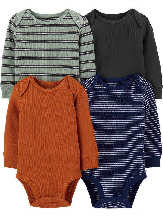 Simple Joys by Carter's Baby Boys' 4-Pack Long-Sleeve Thermal Bodysuits, Rust/Navy/Stripes, 6-9 Months
