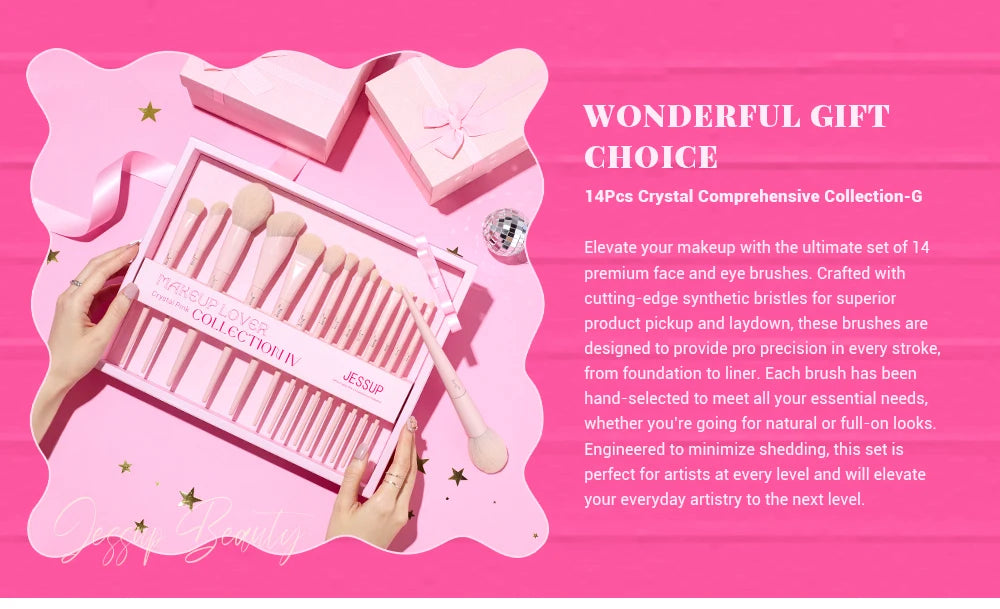 Jessup Pink Makeup Brushes Set 14Pcs Make up Brushes Vegan Foundation Blush Eyeshadow Powder Blending Brush with Gift Box,T495-G