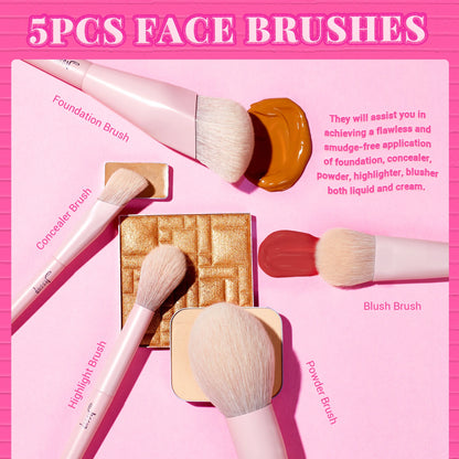 Jessup Pink Makeup Brushes Set 14Pcs Make up Brushes Vegan Foundation Blush Eyeshadow Powder Blending Brush with Gift Box,T495-G