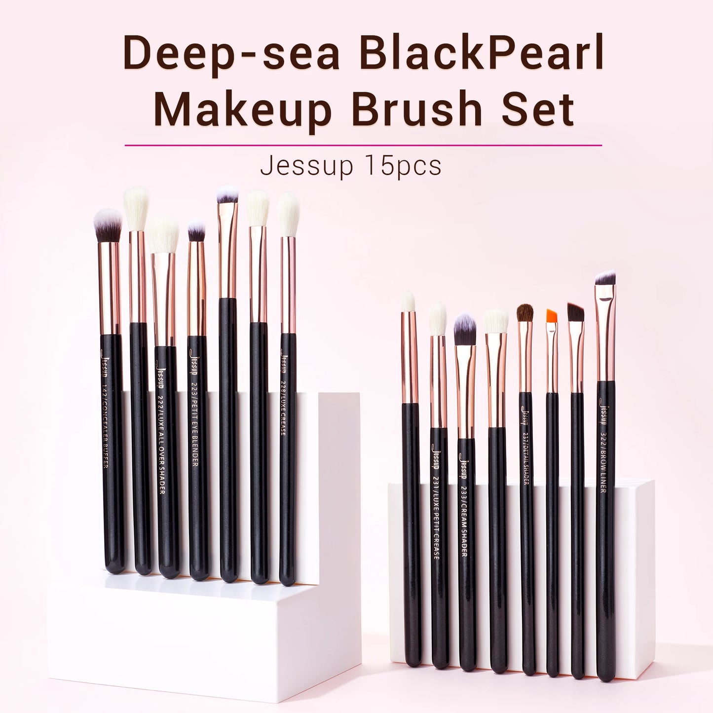 Jessup Makeup Brushes Set 15pcs Make up Brush Tools kit Eye Liner Shader natural-synthetic hair Rose Gold/Black T157