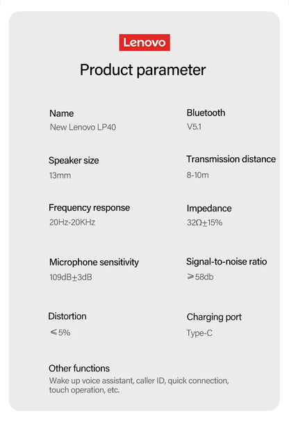 Original Lenovo Thinkplus LivePods LP40pro TWS Semi-in-ear Ergonomic 5.1 Bluetooth Earphone Wireless Stereo Music Calls Headset