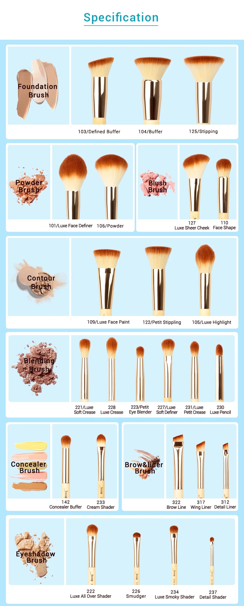 Jessup Professional Makeup Brushes Set Foundation Powder Eyeshadow Liner Blending Brush Make Up Tools Kit Bamboo Synthetic Hair