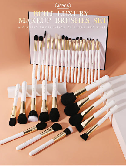 BEILI White Golden Makeup Brushes Set Professional Goat Hair Foundation Contour Bronzer Blush Kakubi Beauty brochas maquillaje