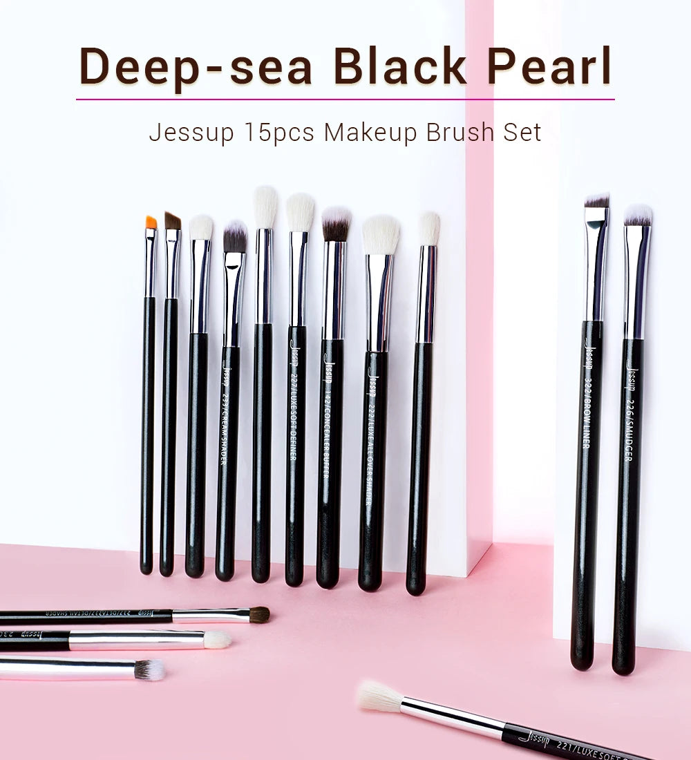 Jessup Eye Makeup Brushes Set 15pcs Precise Eyeshadow Brush Eyebrow EyeLiner Blending Concealer Natural Synthetic Black T177